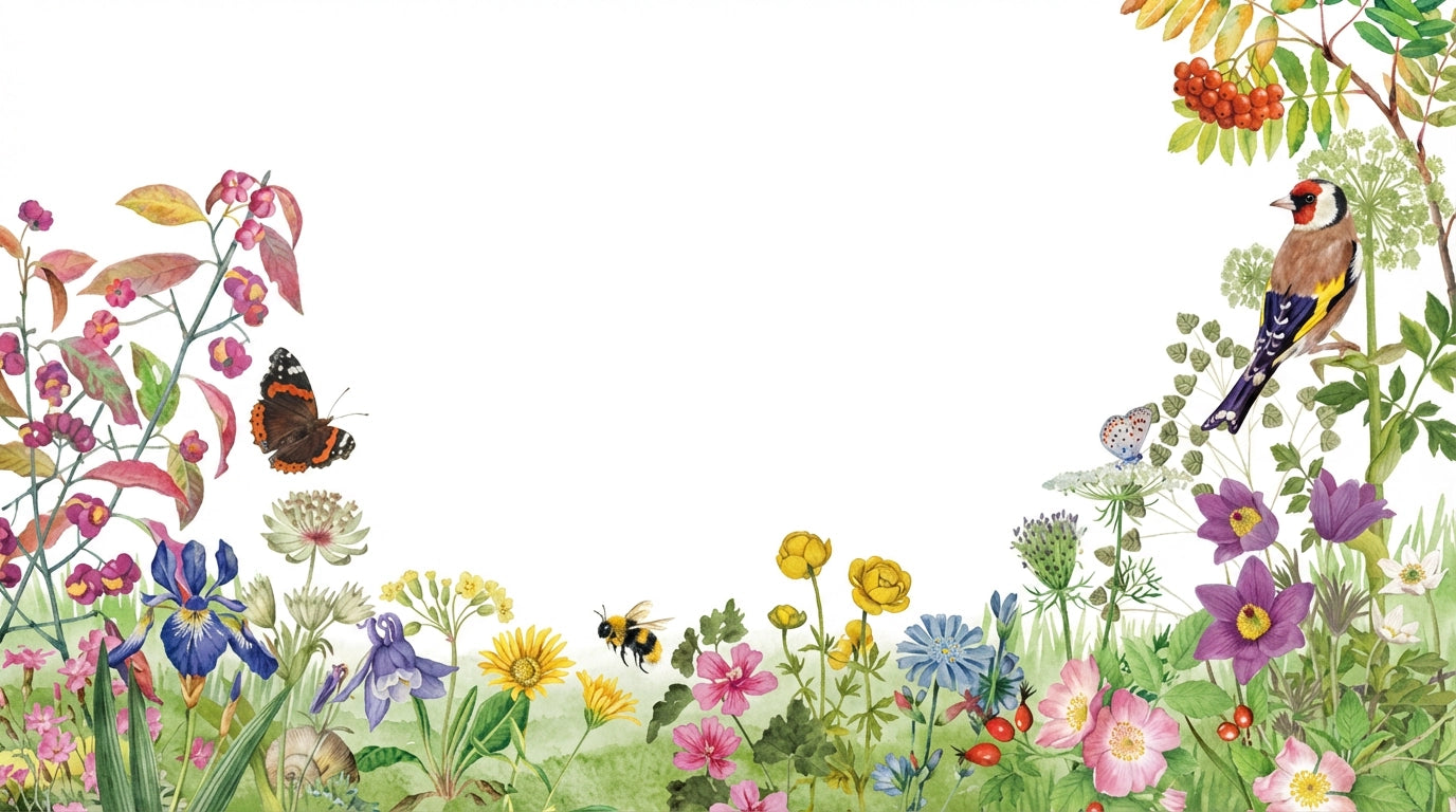 Illustration mit einheimischen Wildblumen, Schmetterlingen, Hummel und Stieglitz